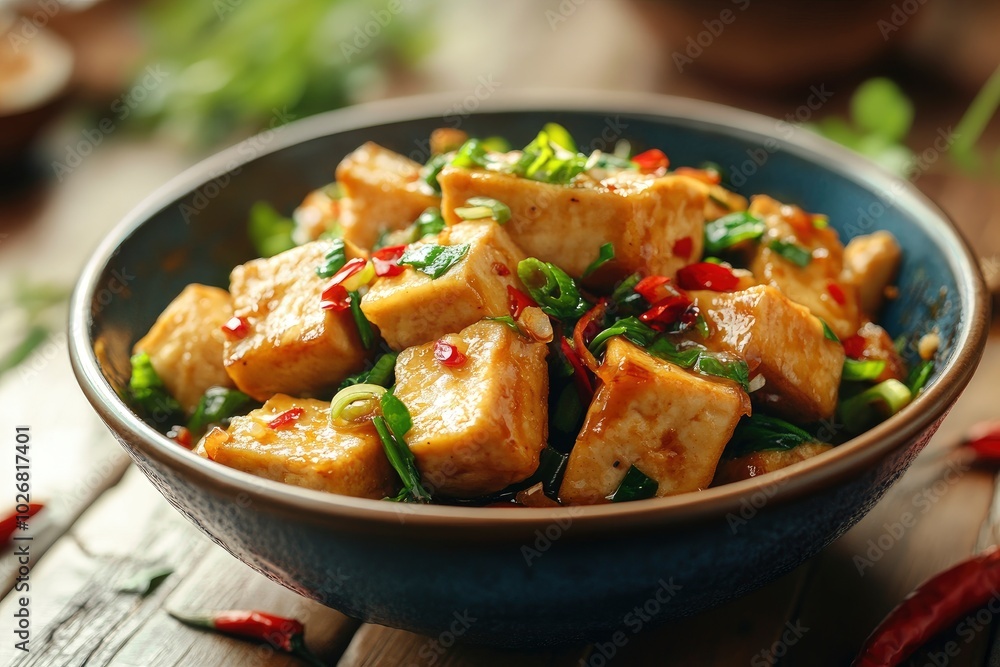 fried tofu dish on the table background - generative ai fried tofu dish on the table background - generative ai