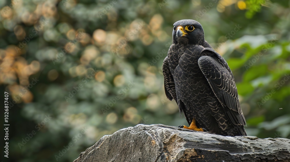 Naklejka premium A majestic Black Peregrine Falcon perched on a rocky cliff, its sharp eyes scanning the surroundings. This powerful bird of prey is known for its impressive speed and agility in flight, 