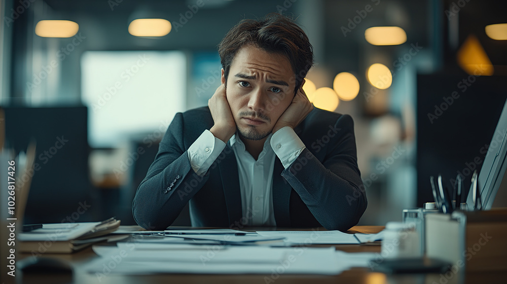 an employee sitting at their desk in the office, looking sad and bored with work documents on it an employee sitting at their desk in the office, looking sad and bored with work documents on it