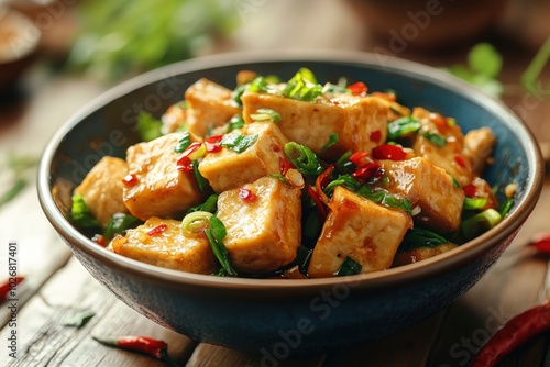 fried tofu dish on the table background - generative ai