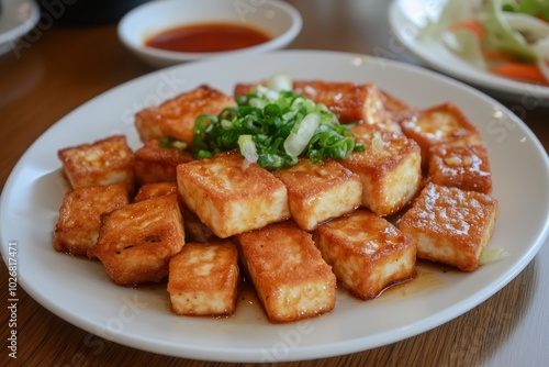 fried tofu dish on the table background - generative ai