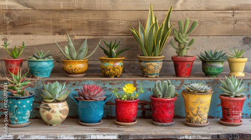 Colorful Potted Plants on Rustic Shelf