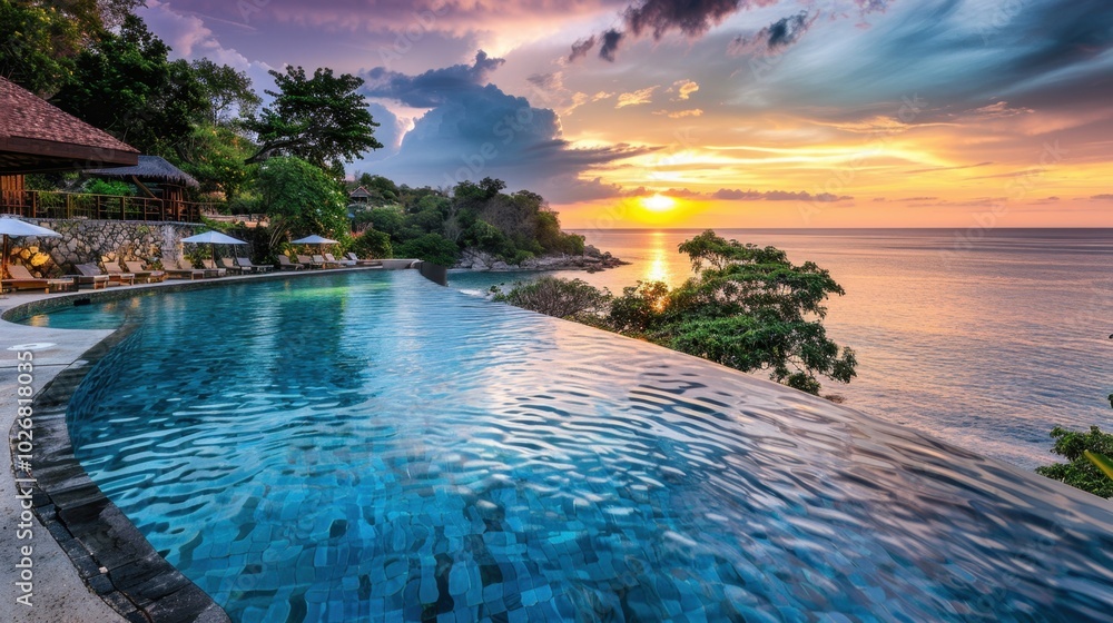 Obraz premium Serene Sunset Over Infinity Pool by the Ocean