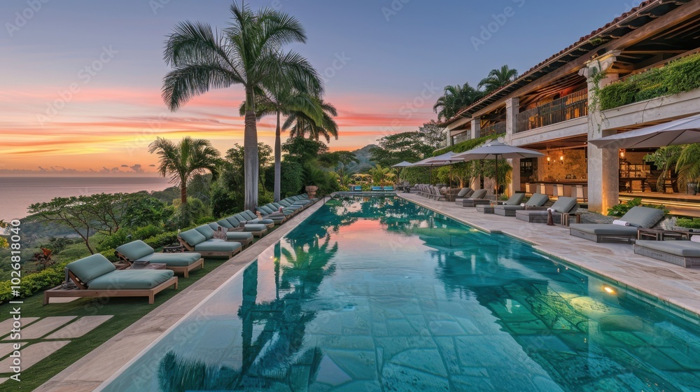 Fototapeta premium Serene Resort Pool with Sunset View
