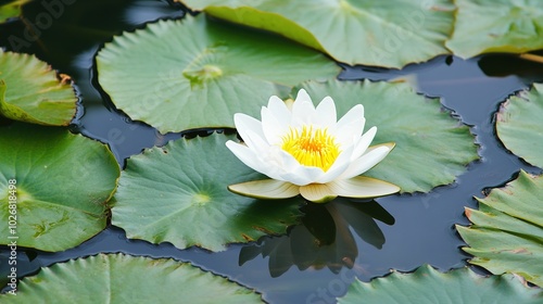 Close-up high angle photo of a single lotus flower gently floating on calm water. The delicate petals of the lotus are perfectly reflected in the water's surface, creating a serene 