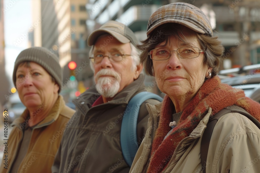 Portrait of three senior people in the city. Focus on the woman Portrait of three senior people in the city. Focus on the woman