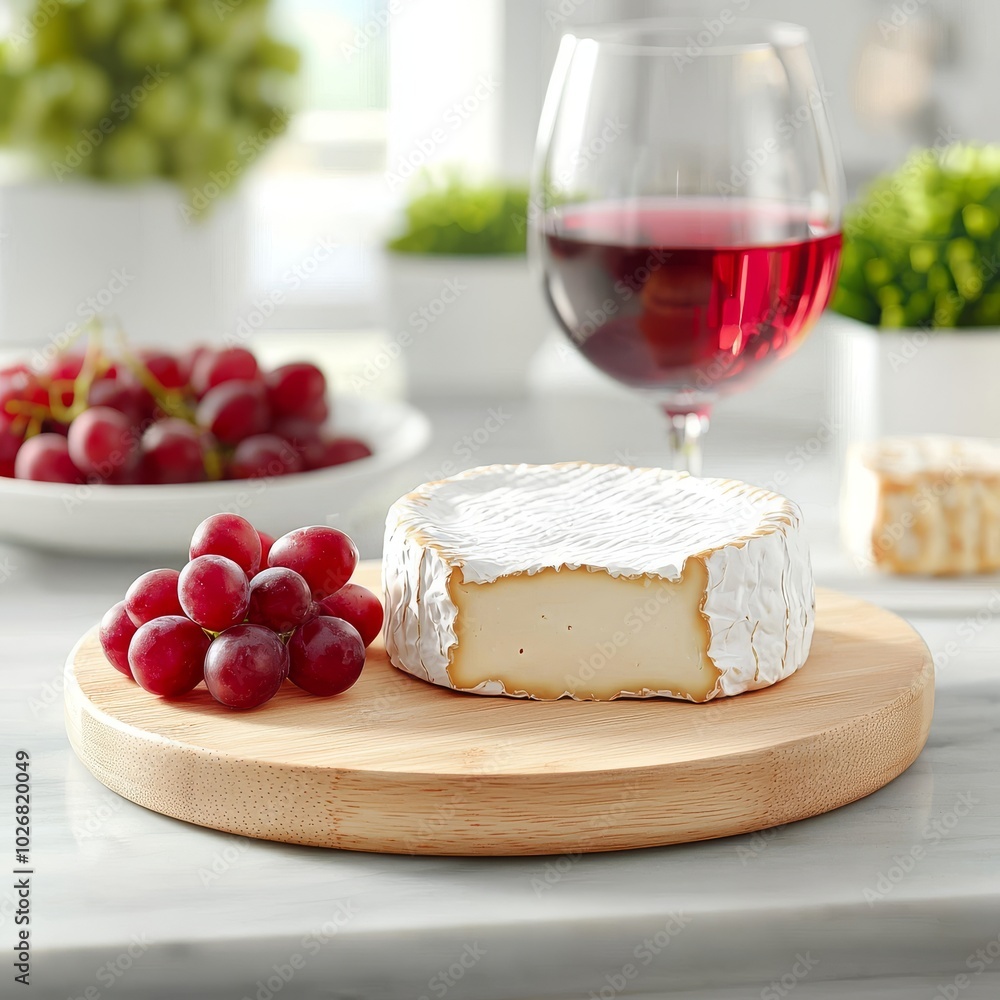 Close-up of a cheese platter featuring brie cheese, red grapes, and a glass of red wine, creating an inviting atmosphere. Close-up of a cheese platter featuring brie cheese, red grapes, and a glass of red wine, creating an inviting atmosphere.