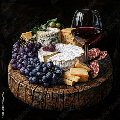 A luxurious spread of assorted cheeses, fresh grapes, and a glass of red wine on a rustic wooden platter.