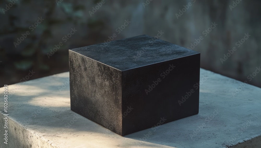 A black cube sits on a concrete platform in front of a blurred green background. A black cube sits on a concrete platform in front of a blurred green background.