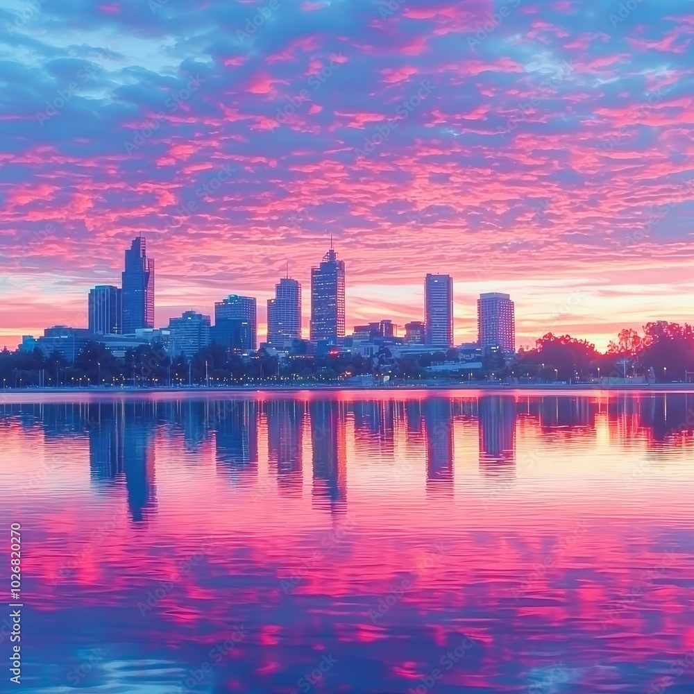Obraz premium Stunning sunrise over a city skyline reflecting vibrant pink and purple hues in the calm waters below.