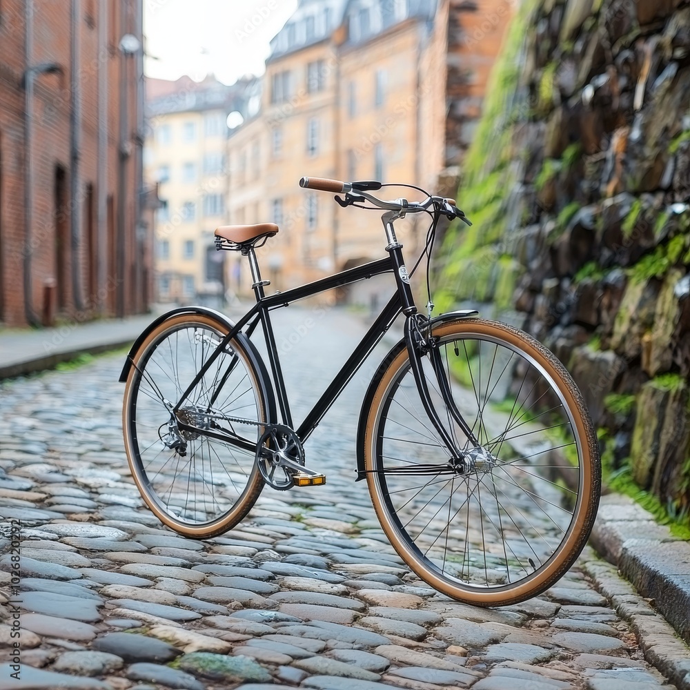 Fototapeta premium A stylish black bicycle with brown accents parked on a cobblestone street in a charming urban environment.