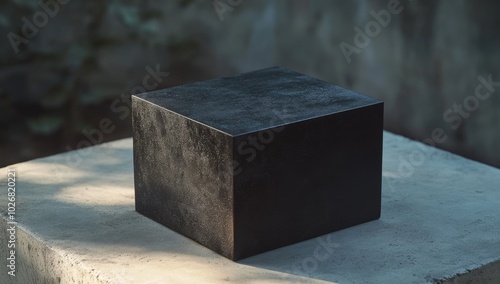 A black cube sits on a concrete platform in front of a blurred green background.