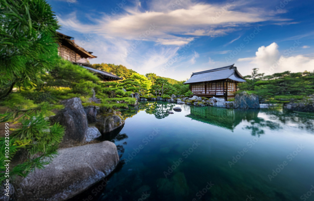 A tranquil pond with clear water reflecting the sky and surrounding foliage. Two traditional wooden houses sit on the shore. A tranquil pond with clear water reflecting the sky and surrounding foliage. Two traditional wooden houses sit on the shore.