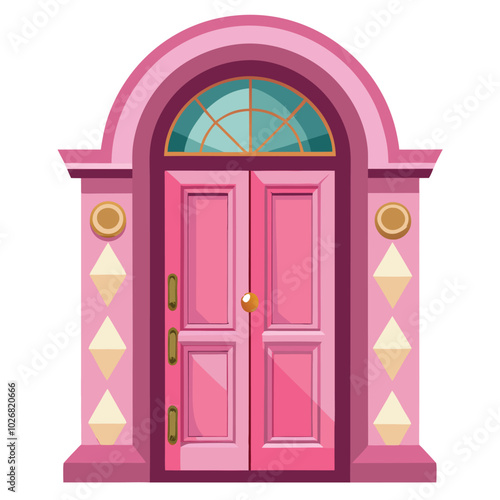 Pink color front door vector illustration isolated on a white background