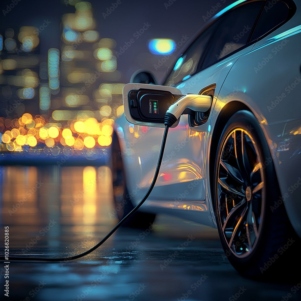 A sleek white electric car charging at night, with city lights creating a vibrant bokeh effect in the background. A sleek white electric car charging at night, with city lights creating a vibrant bokeh effect in the background.