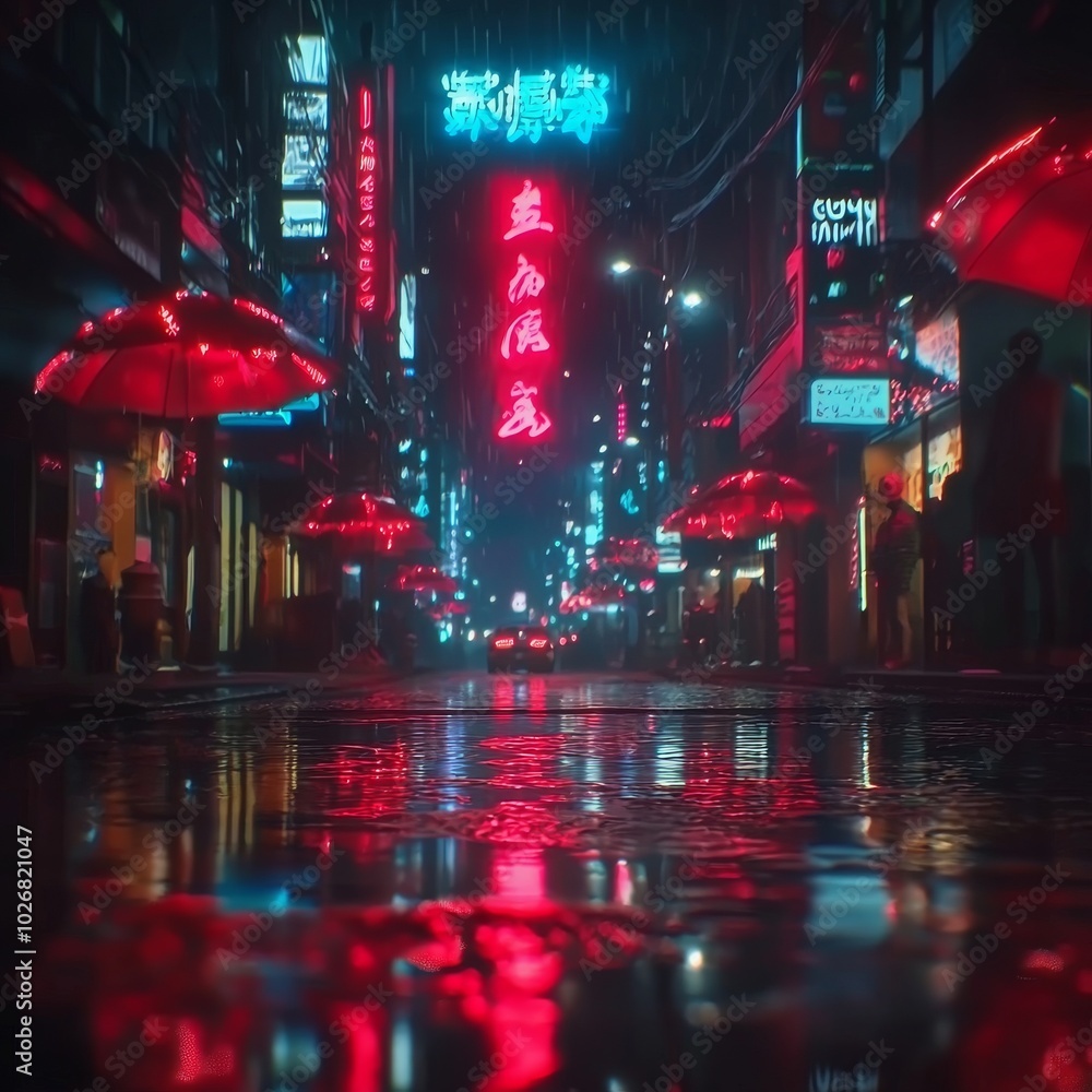 A vibrant, neon-lit alley with red umbrellas reflecting in puddles, creating a moody urban night scene. A vibrant, neon-lit alley with red umbrellas reflecting in puddles, creating a moody urban night scene.