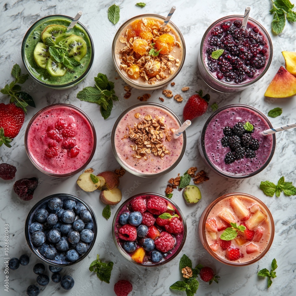 Colorful array of healthy smoothies with fruits and granola topped, showcasing a vibrant selection in glass jars. Colorful array of healthy smoothies with fruits and granola topped, showcasing a vibrant selection in glass jars.