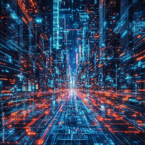 A dynamic  futuristic cityscape filled with glowing blue and orange lights  simulating a digital world.