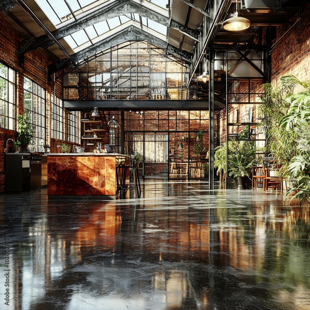 Spacious industrial kitchen with brick walls, large windows, and abundant greenery, creating a vibrant and inviting atmosphere. Spacious industrial kitchen with brick walls, large windows, and abundant greenery, creating a vibrant and inviting atmosphere.