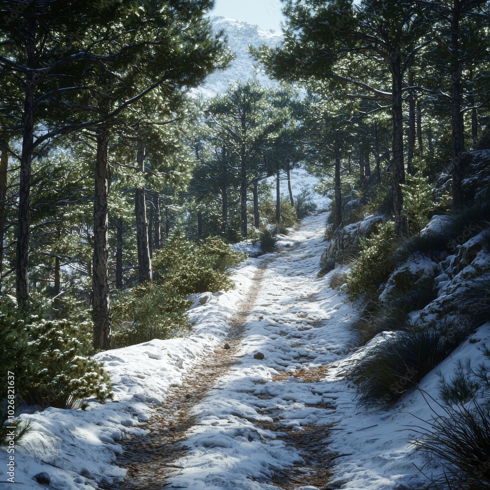 A serene winter path through a snow-covered forest, with sunlight filtering through evergreen trees. A serene winter path through a snow-covered forest, with sunlight filtering through evergreen trees.