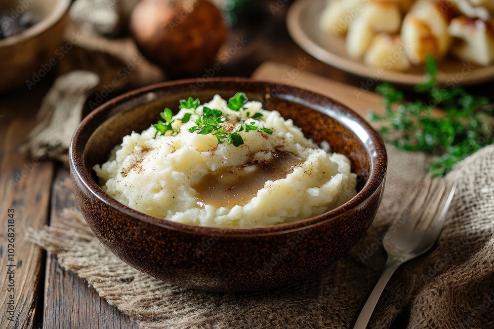 Mashed potatoes, gravy and turkey for Christmas or Thanksgiving dinner table - generative ai Mashed potatoes, gravy and turkey for Christmas or Thanksgiving dinner table - generative ai