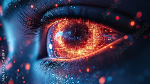 3D illustration of a neon-style digital eye on a dark blue background, representing computer vision in high-tech environments.