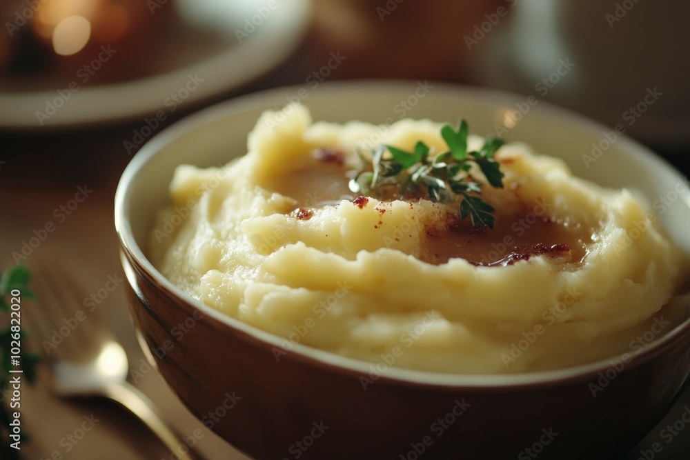 Mashed potatoes, gravy and turkey for Christmas or Thanksgiving dinner table - generative ai Mashed potatoes, gravy and turkey for Christmas or Thanksgiving dinner table - generative ai