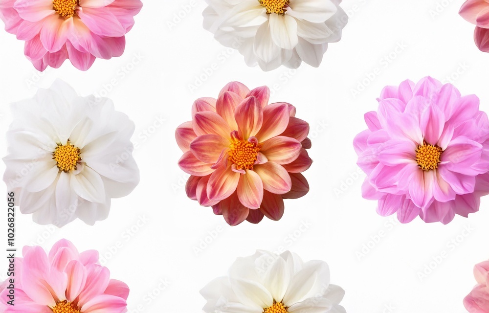 Six colorful flowers with yellow centers are arranged in a pattern on a white background. Six colorful flowers with yellow centers are arranged in a pattern on a white background.