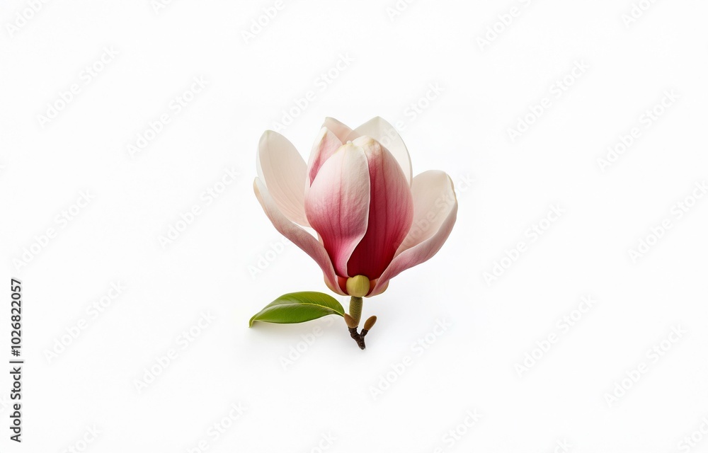 Obraz premium A single pink and white magnolia flower with a green leaf isolated on a white background.