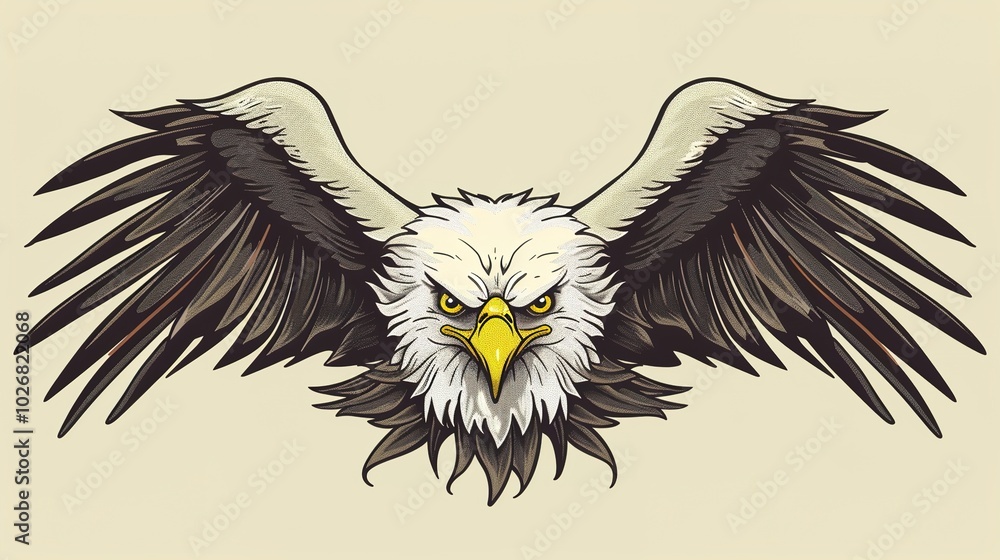 Fototapeta premium A powerful eagle tattoo vector design, featuring bold lines and intricate details. The eagle is depicted in mid-flight with dynamic wings and sharp features, symbolizing freedom, strength, and courage