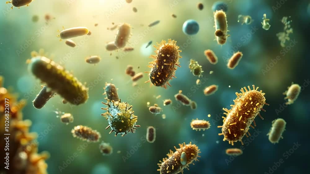 A microscopic view of multiple rod-shaped bacteria, some in focus and others out of focus, floating in a blue-green liquid. A microscopic view of multiple rod-shaped bacteria, some in focus and others out of focus, floating in a blue-green liquid.
