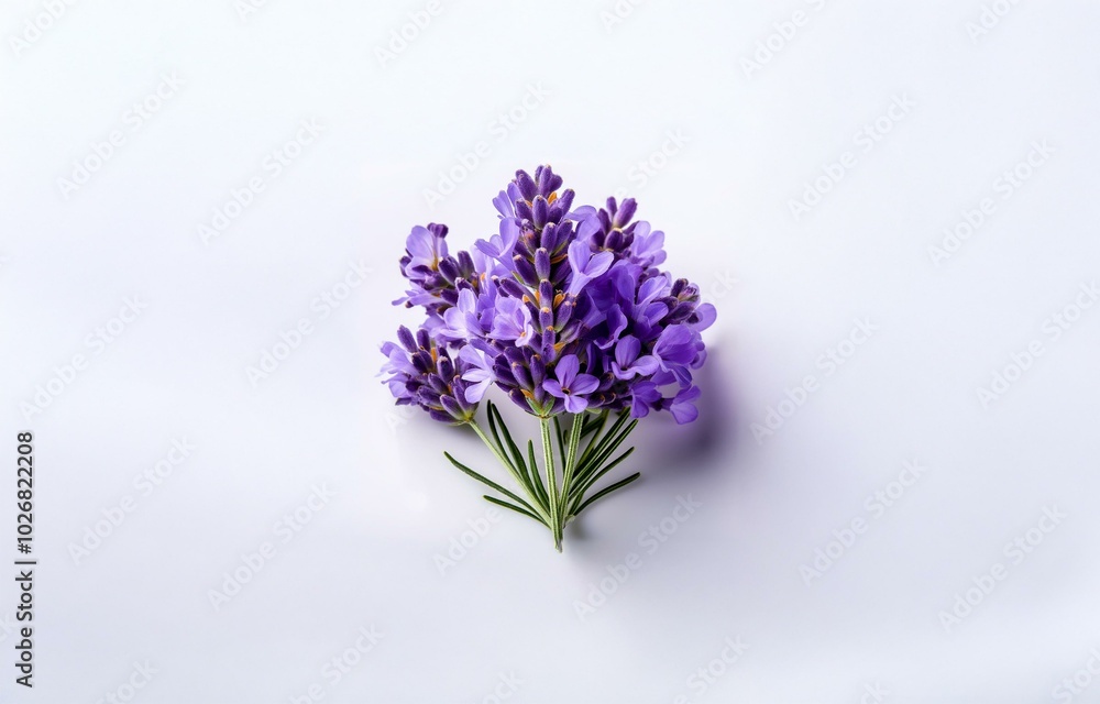 Fototapeta premium A sprig of purple lavender blossoms with green stems on a plain white background.
