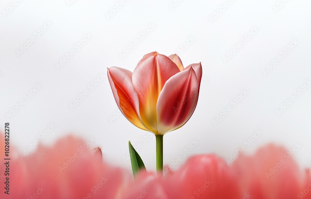 Fototapeta premium A single, pink and yellow tulip stands out against a white background. Out-of-focus pink tulips surround the single tulip.