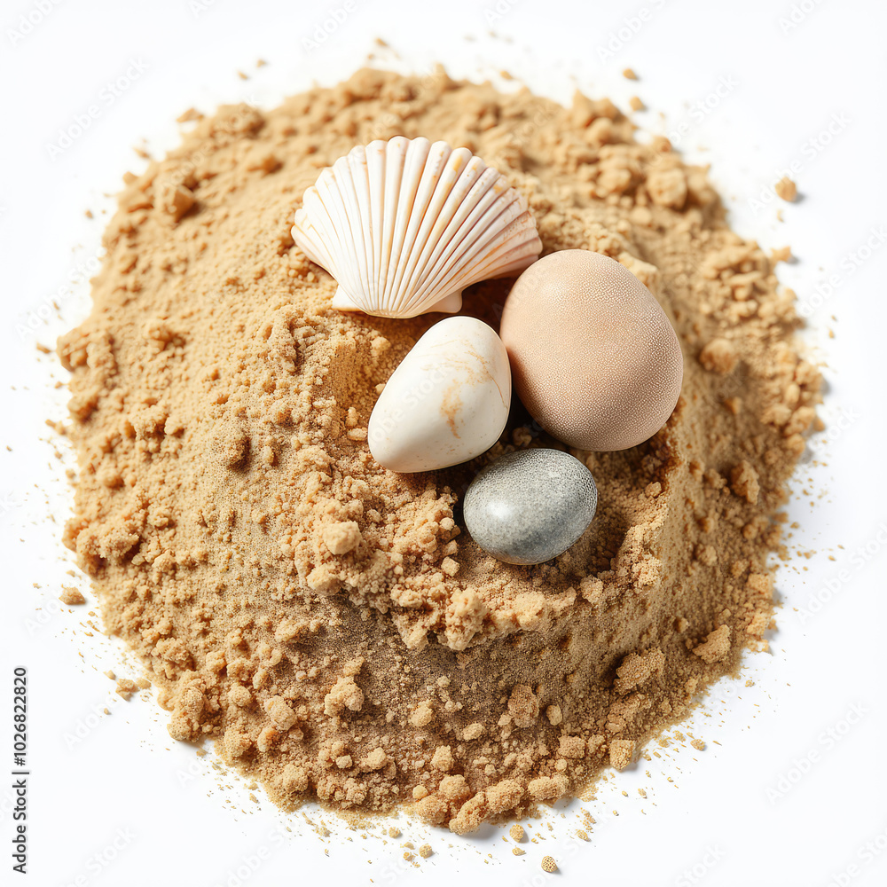 A pile of desert sand with sea shell and stone isolated on white background A pile of desert sand with sea shell and stone isolated on white background