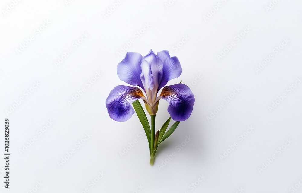 Single purple iris flower with green leaves, on a plain white background. Single purple iris flower with green leaves, on a plain white background.