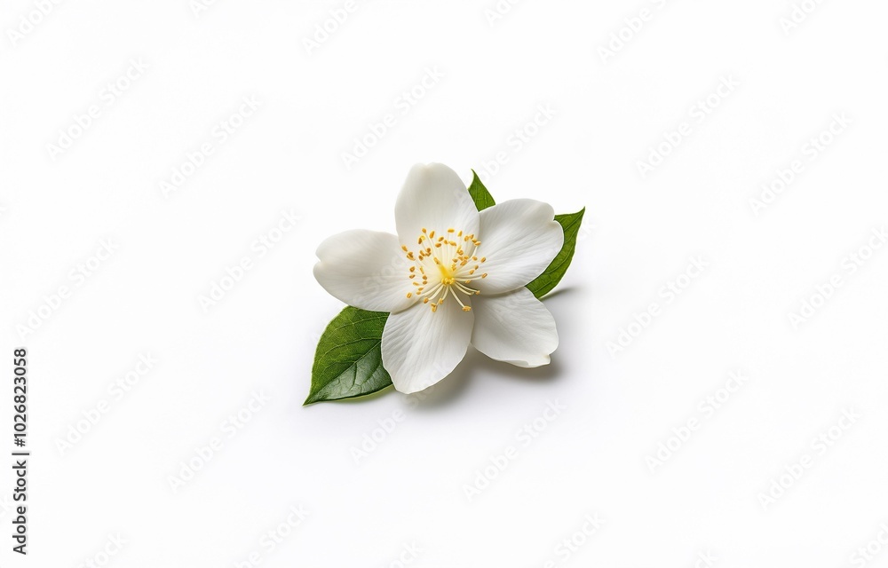 Fototapeta premium A single white blossom with green leaves is isolated on a white background.