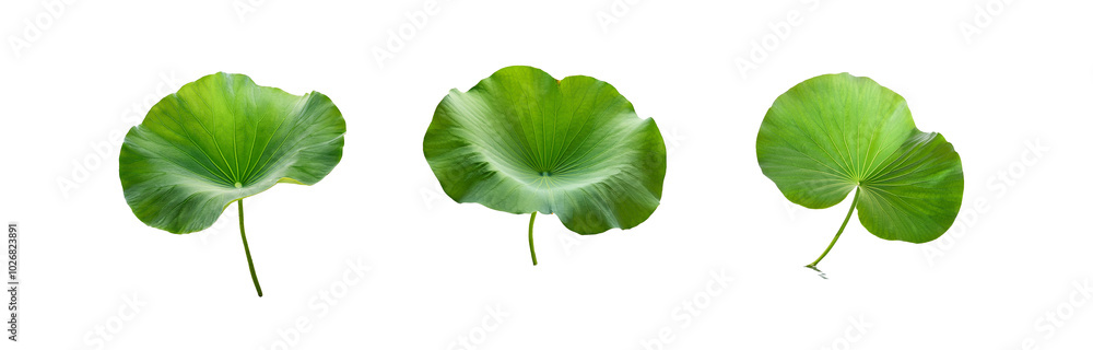 Three isolated green leaves with prominent veins, viewed from above against a white background. Three isolated green leaves with prominent veins, viewed from above against a white background.