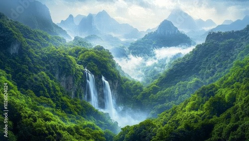 Wallpaper Mural A cascading waterfall plunges down a steep cliff face, surrounded by lush green forest and mist-shrouded mountains in a scenic landscape. Torontodigital.ca