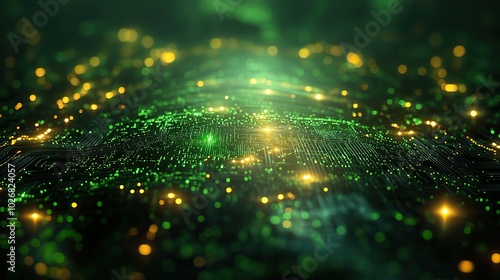 A 3D-rendered digital image featuring an abstract glowing green technology background.