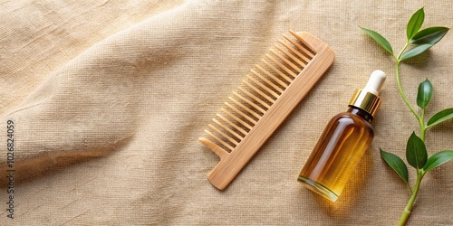 Wooden Comb and Amber Bottle of Hair Oil Resting on a Linen Background with a Branch of Greenery