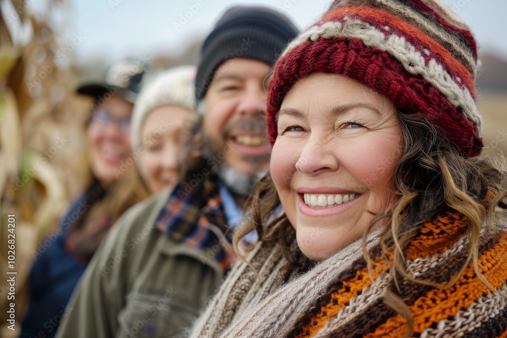 Portrait of happy senior woman with family in corn field on autumn day Portrait of happy senior woman with family in corn field on autumn day