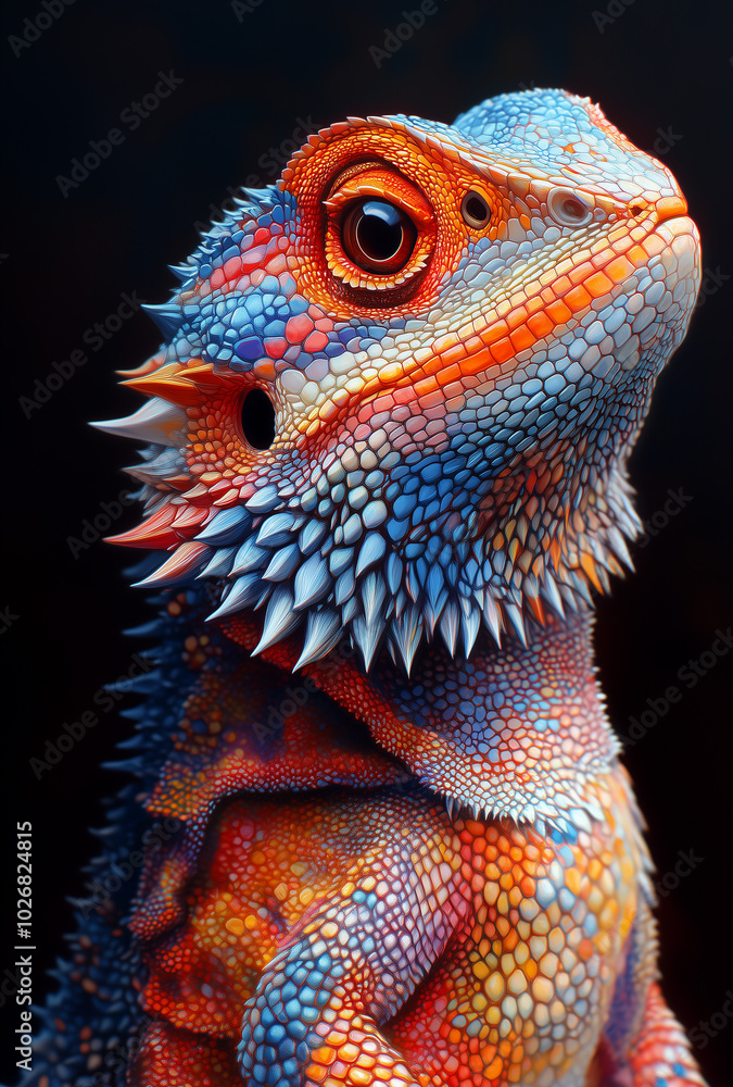 A stunning close-up of a vibrant, colorful lizard showcasing intricate details of its scales against a dark background A stunning close-up of a vibrant, colorful lizard showcasing intricate details of its scales against a dark background