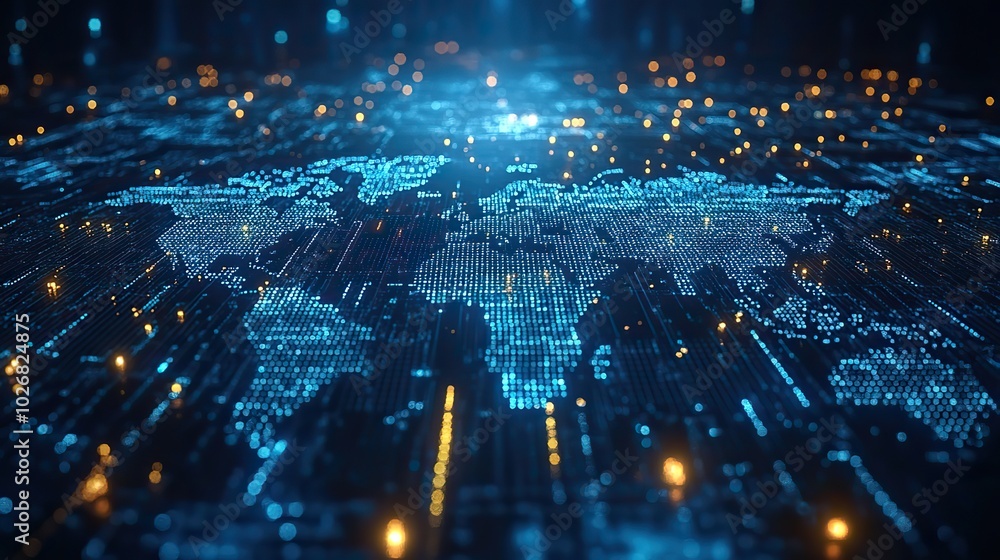 A blue-toned image illustrating global communication technology, highlighting telecommunication and financial networks. A blue-toned image illustrating global communication technology, highlighting telecommunication and financial networks.