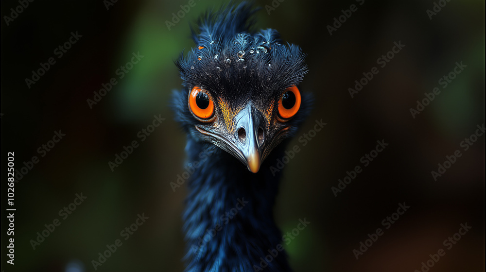 Captivating close-up of a striking bird emu with vibrant orange eyes perched in a lush natural habitat under soft sunlight Captivating close-up of a striking bird emu with vibrant orange eyes perched in a lush natural habitat under soft sunlight