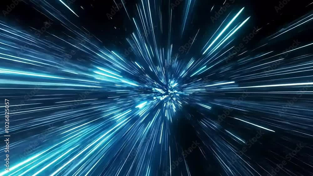 Abstract blue and white lines radiating from a center point on a black background. Abstract blue and white lines radiating from a center point on a black background.
