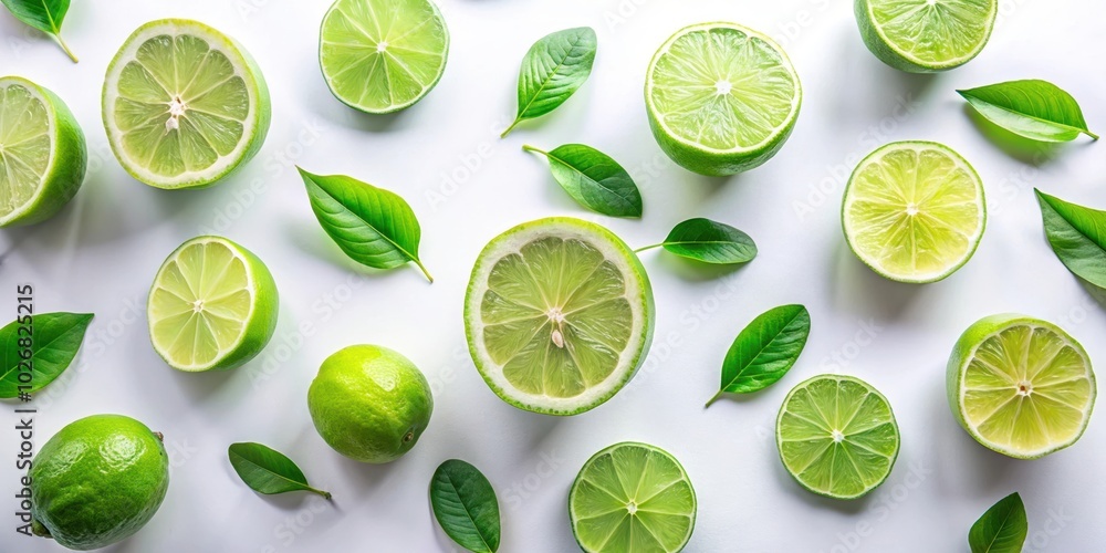 A refreshing arrangement of lime slices and leaves on a white background. A refreshing arrangement of lime slices and leaves on a white background.