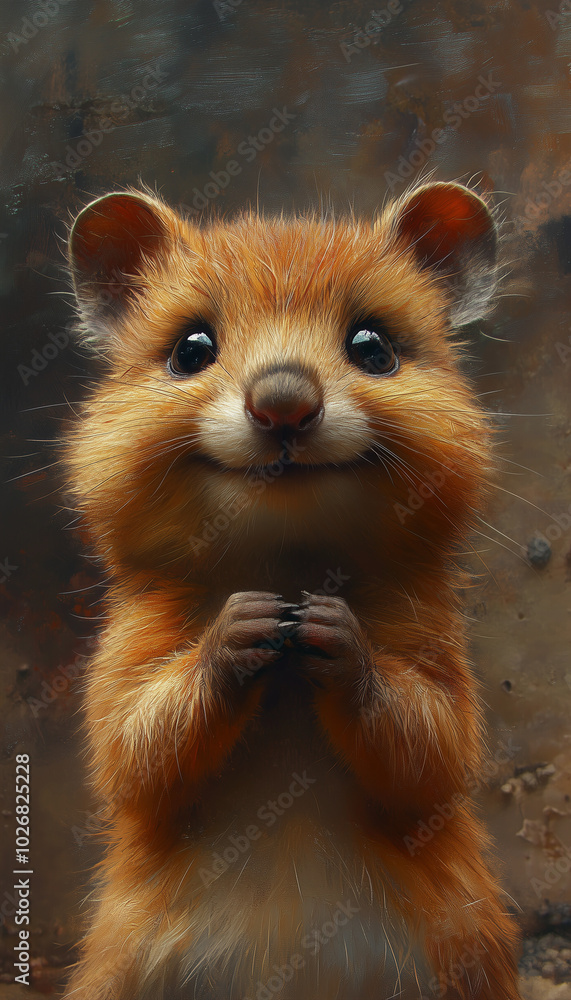 Fototapeta premium A charming close-up of a curious golden quokka in a rustic setting, showcasing its playful demeanor and expressive features