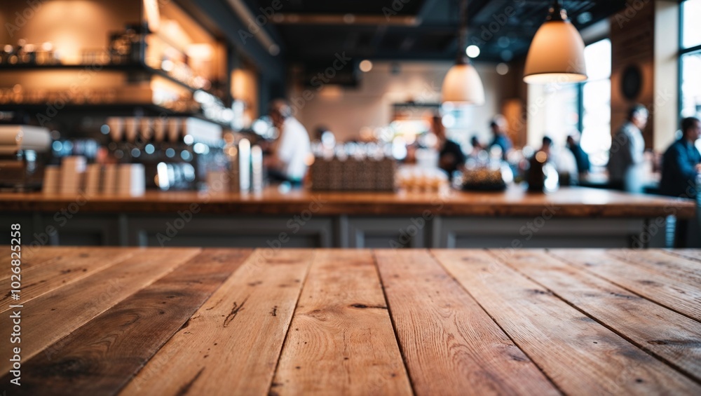 rustic wooden table or counter stands alone against a blurred background of a bustling cafeteria, bar, or coffee shop rustic wooden table or counter stands alone against a blurred background of a bustling cafeteria, bar, or coffee shop
