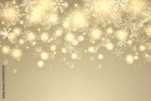 Abstract Christmas gold background with snowflakes, stars, and bokeh light effects, luxury winter backdrop, vector illustration.