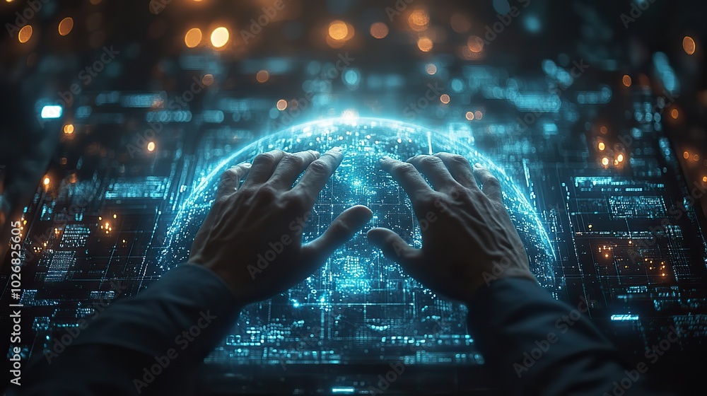 Fototapeta premium A businessman activates a flying earth network interface, depicted in a dynamic 3D rendering that showcases futuristic technology and connectivity.
